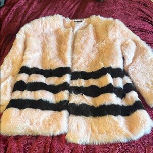 Stella + Lorenzo Pale Pink and Black Striped Faux Fur Coat L